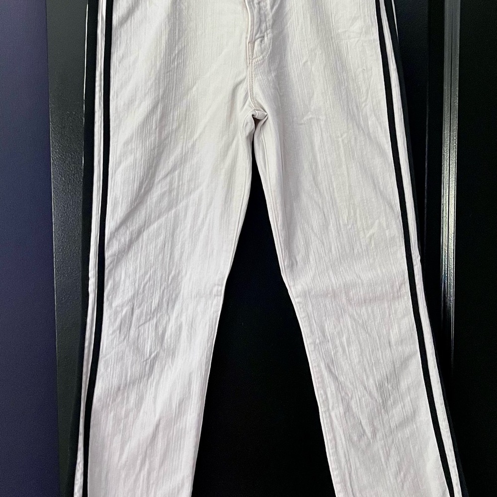 MOTHER White Cropped Ankle Jeans with Black Side Stripes